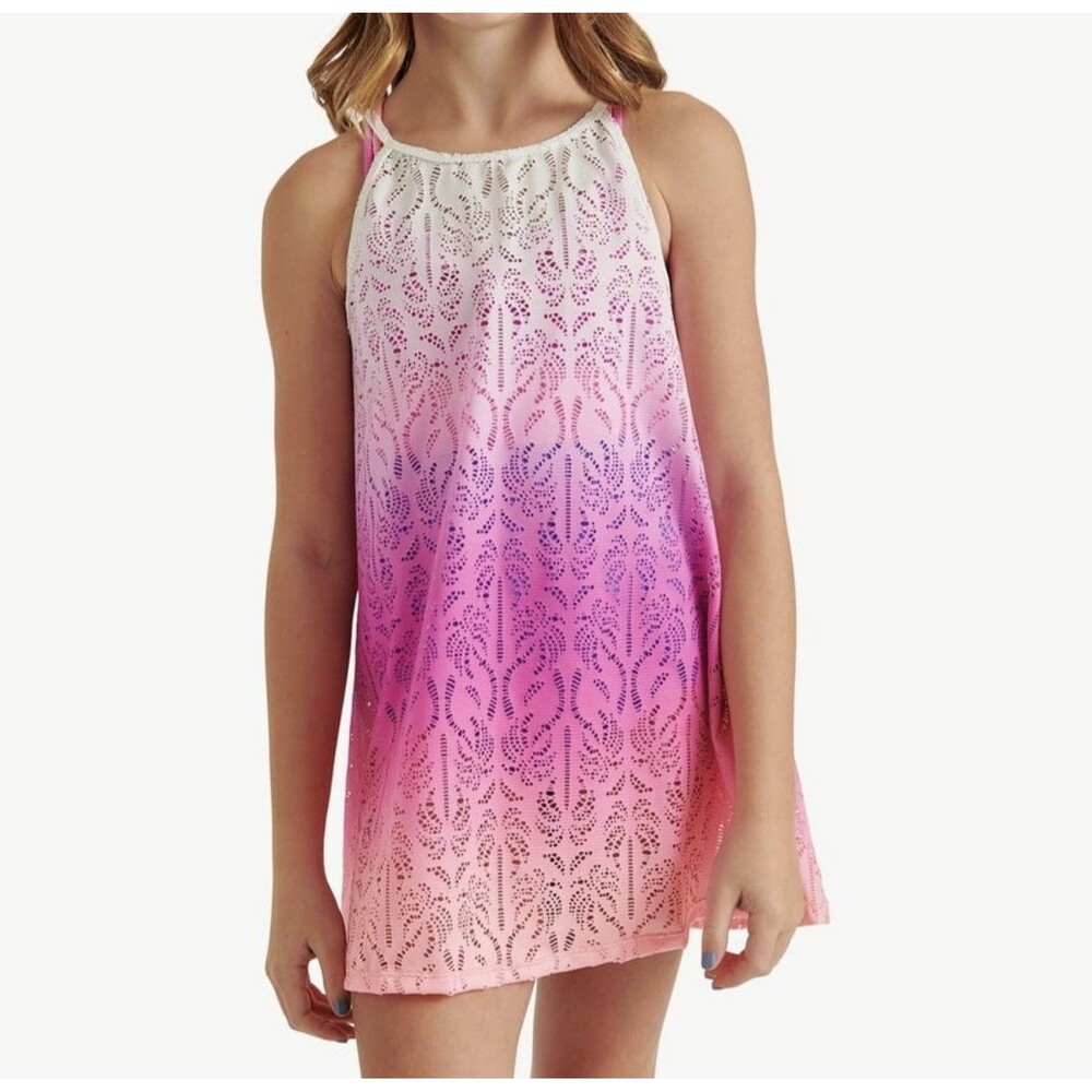 NEW girls Justice swim suit cover up sz L 12/14 ombré palm crochet